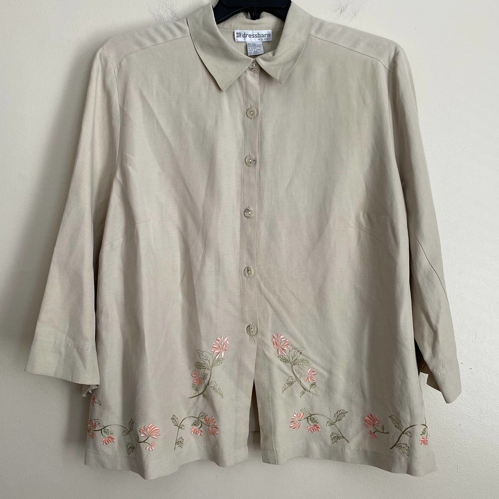Dressbarn 18W Plus Size Cream Floral Embroidered 3/4 Sleeve Collared Button Top